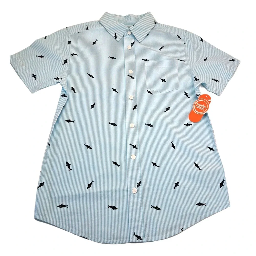 Wonder Nation Sharks Button Down Shirt Boys L (10-12) Short Sleeve Stripes Beach